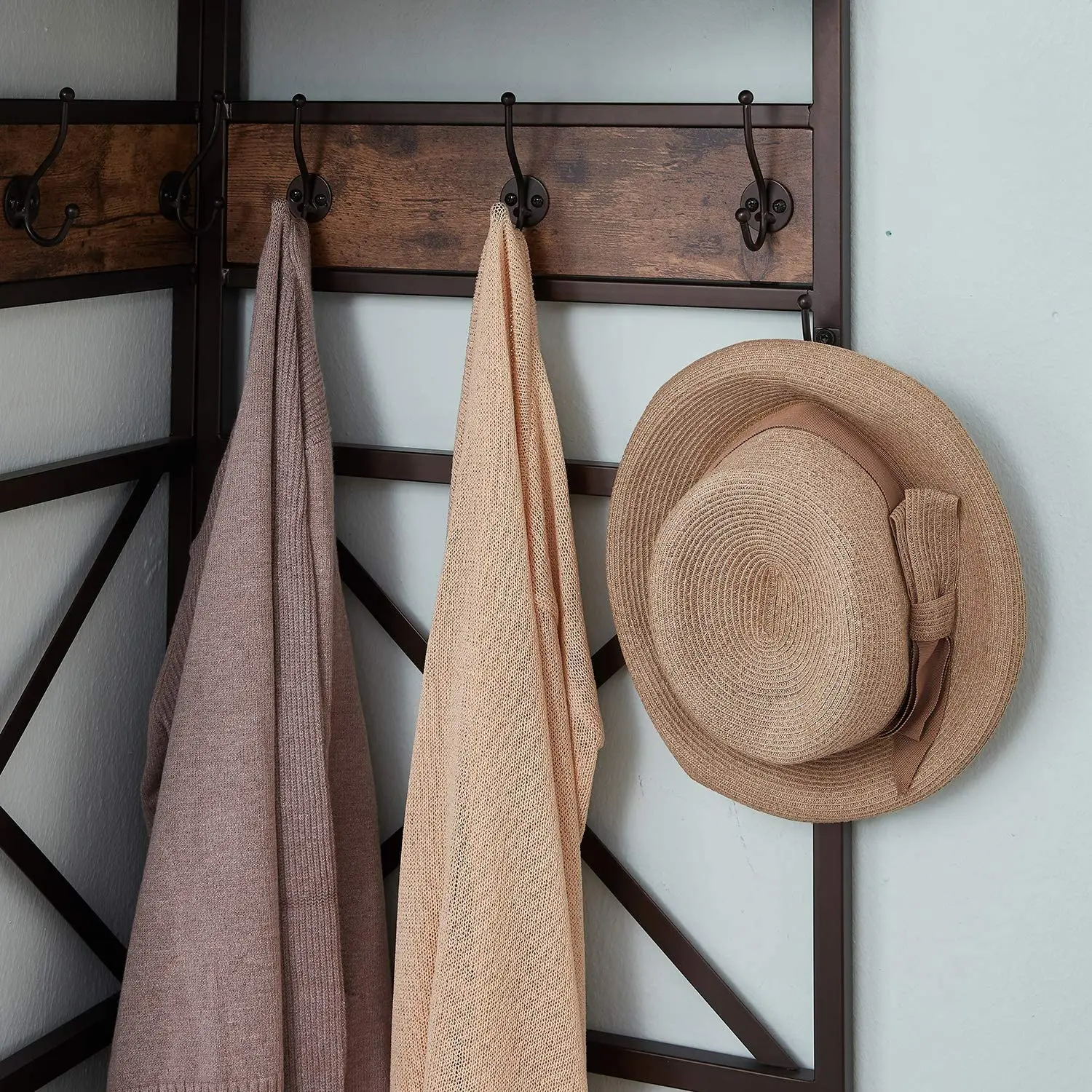 Винтажное Угловое дерево с скамейкой для обуви, вешалка для пальто с 6 двойными крючками, коричневая ретро