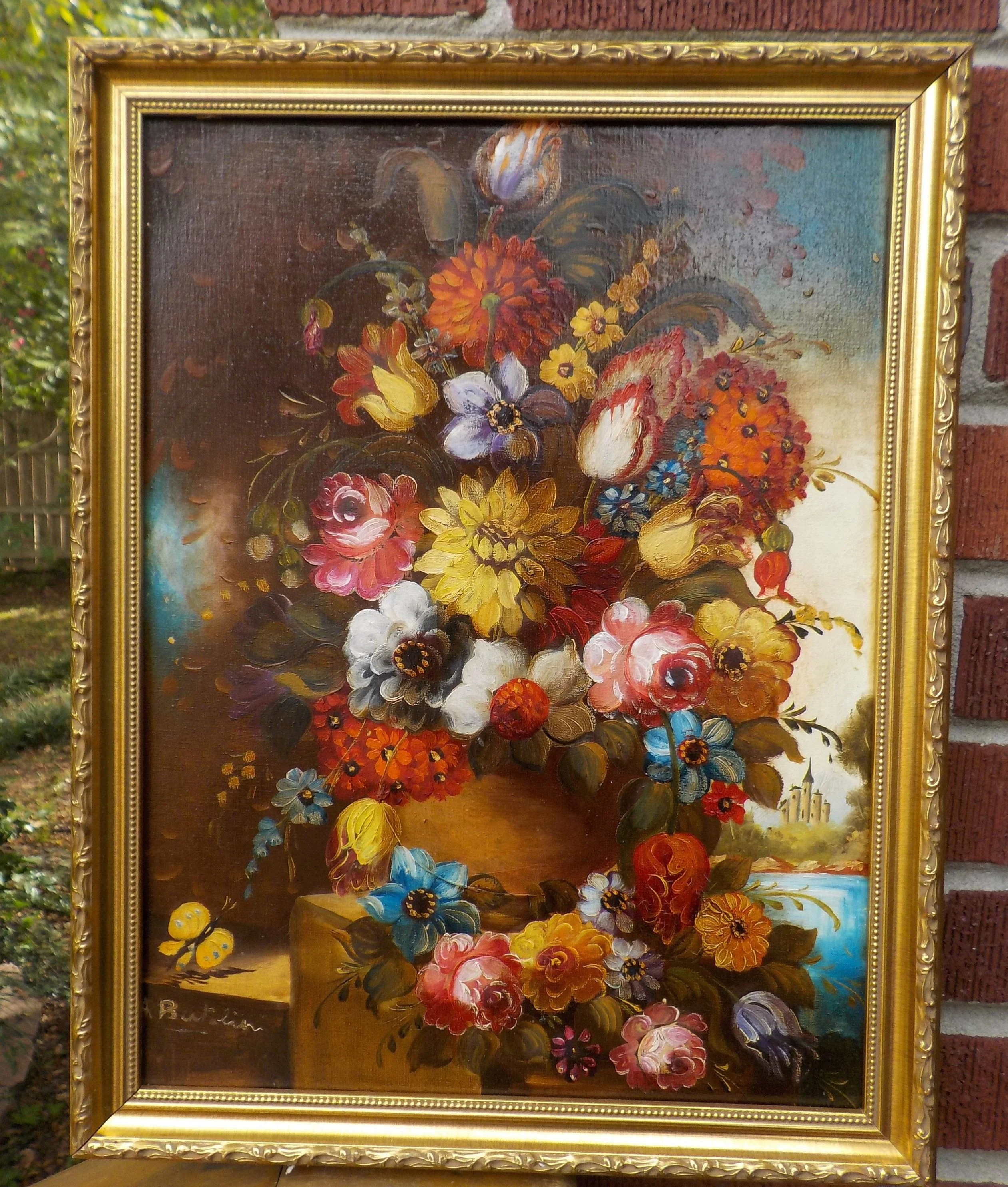 Canvas Panel Floral Oil Painting, Antique Gold Finish Wooden Frame Hand Painted Flower and Fruit Framed Picture Art