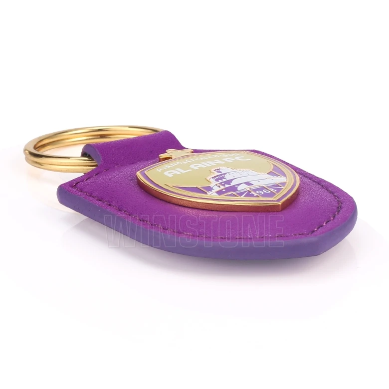 Custom Padded Shield Genuine Leather Key Fobs with Hard Enamel Metal Tags for Football Team Club