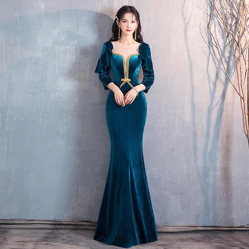 In Stock Women Velvet Mermaid Gowns Vestido De Festa Long Sleeve Party Evening Dress