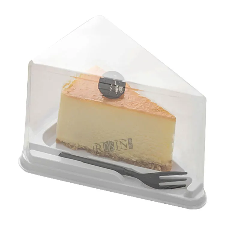 Wholesale Transparent Pet Triangle Mousse Dessert Cake Tray White Slice Container Box Plastic Packaging with Mini Fork