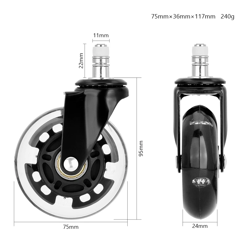 Universal 3 Inch Swivel Wheels Office Chair Caster Wheels PU Office Chair Furniture LED Caster with Brake Silent Lever
