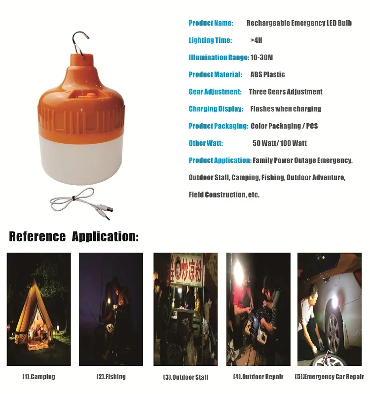 Rechargeable USB  Emergency Bulb DC5V 50w 100w Rechargeable Emergency Waterproof Camping Light