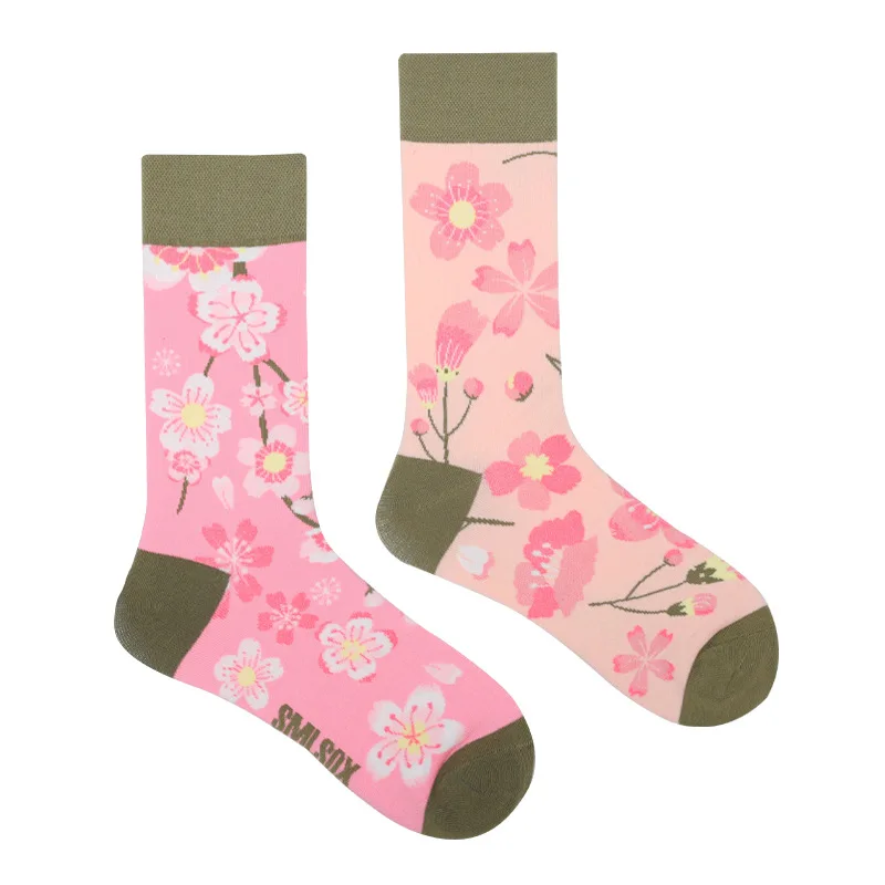 Fashion romantic women pink sakura flower vintage cotton socks colorful funny AB mismatched socks