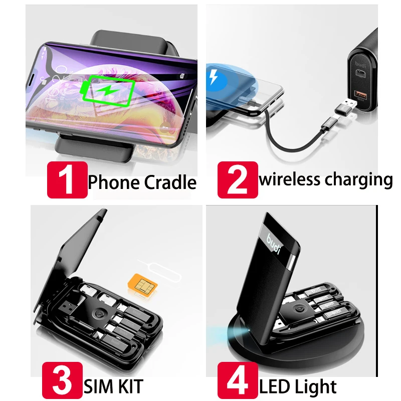 2019 budi New Arrivals Compact Design Multi-functional box with LED Light Multi 6 types cable Wireless Charger 5W/10W