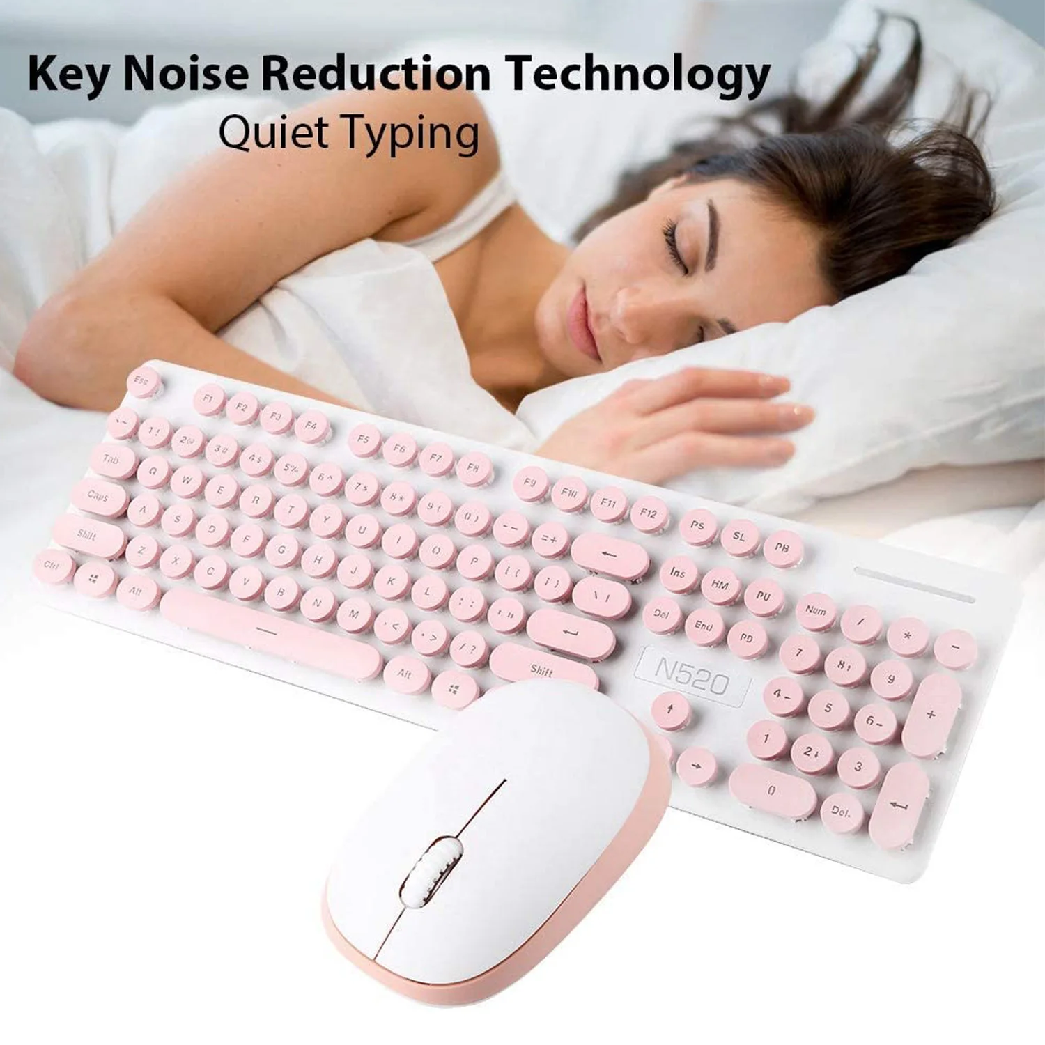 Ergonomic Retro Chiclet Round Keycaps N520 2.4GHz Wireless Connectivity Silent Typing Keyboard and 1600DPI Mouse Combo