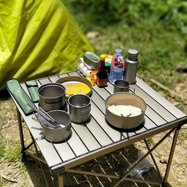 Ultralight Eight-piece Outdoor Camping Titanium Food Set Camping Equipment Cookware Folding Handle Pan Bowl Knife Spork Tools
