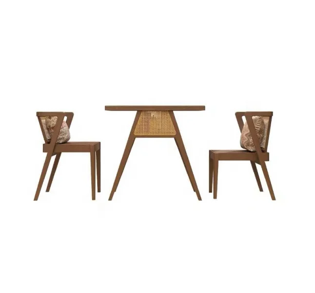 American Vintage Solid Walnut Rubber Wood Top Dining Table and Chairs for Cafe Restaurant Bistro Cafeteria