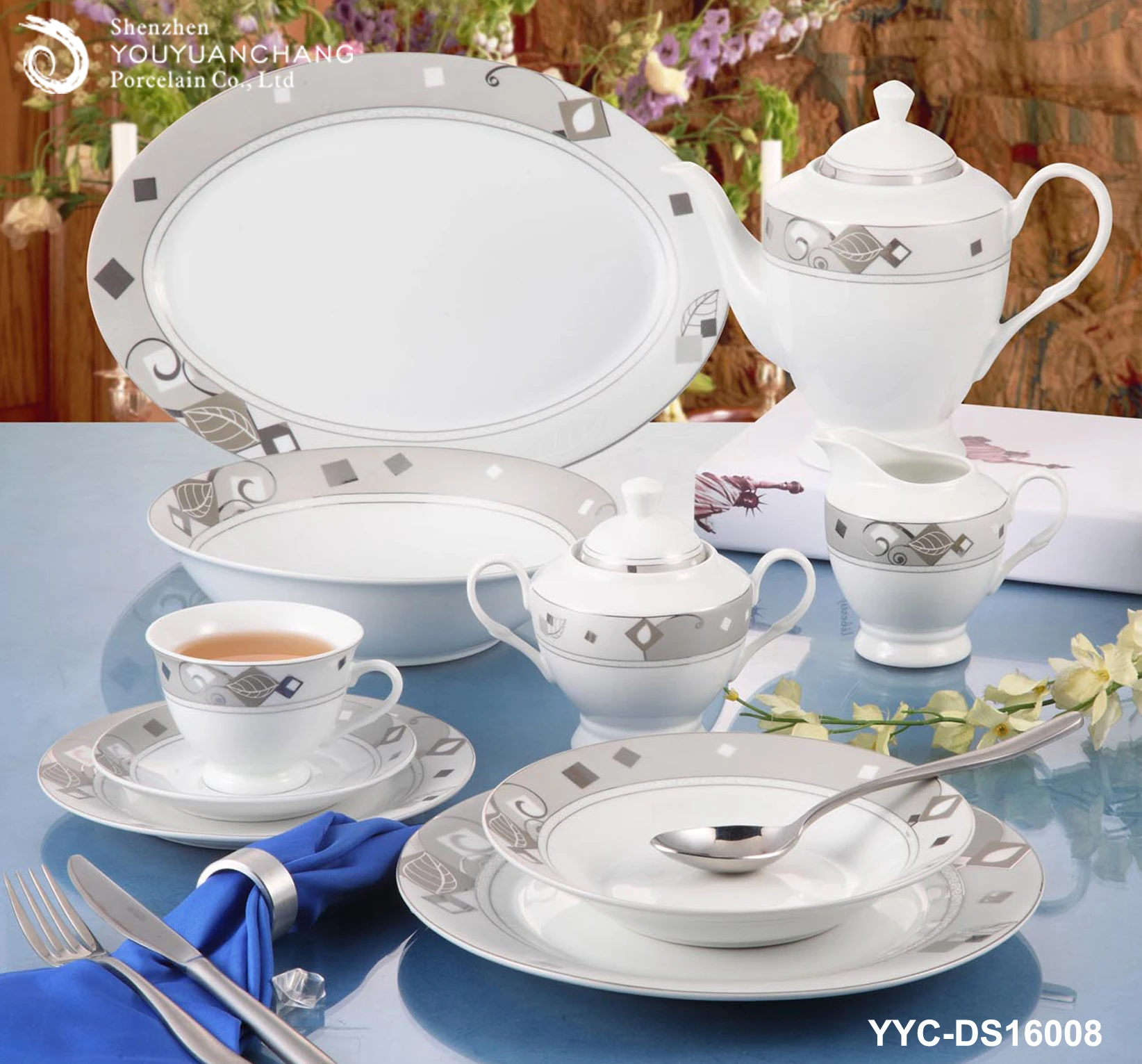 
Super white fine porcelain dinnerware set with silver butterfly design 