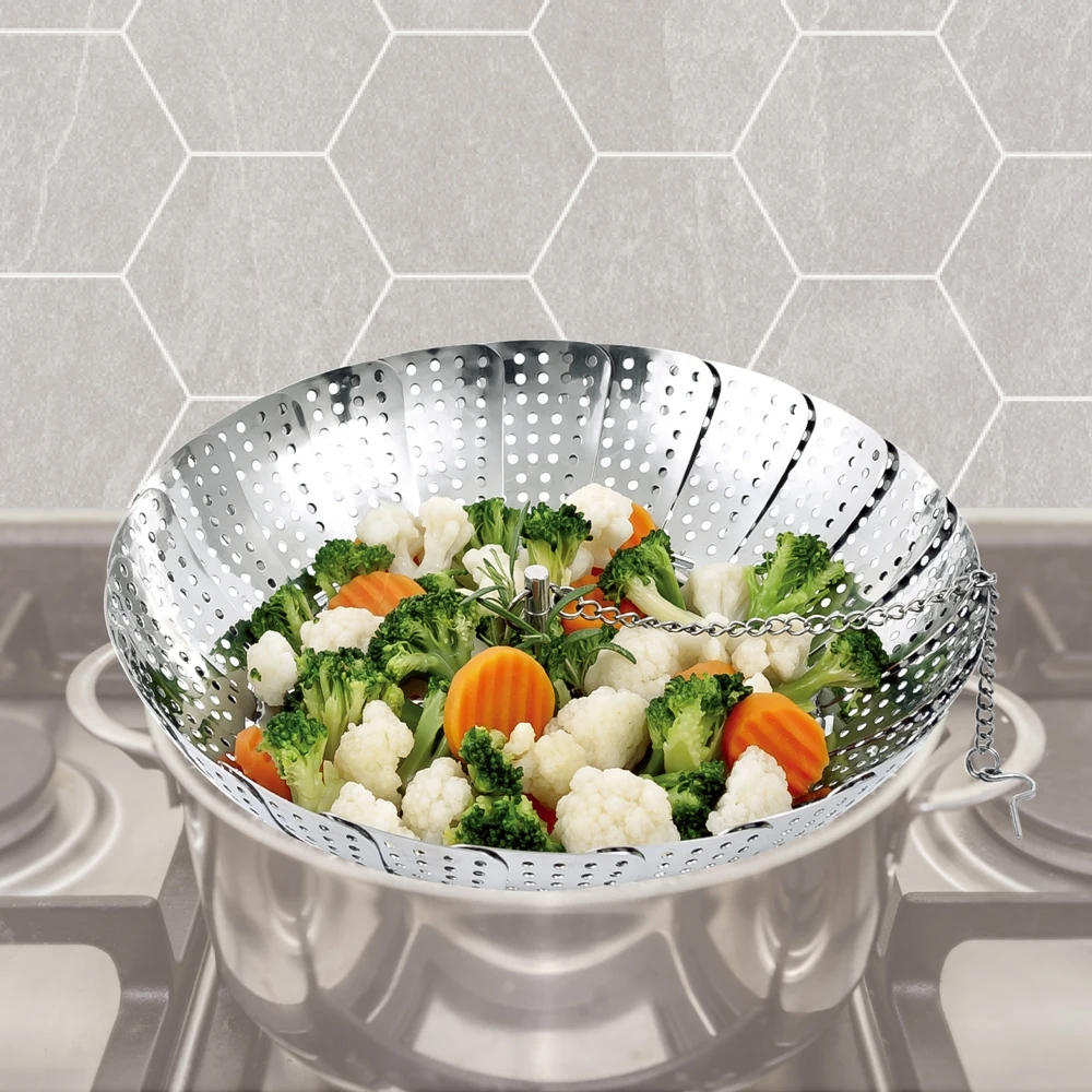 Foldable steamer stainless steel collapsible vegetable steamer basket with hanging chain
