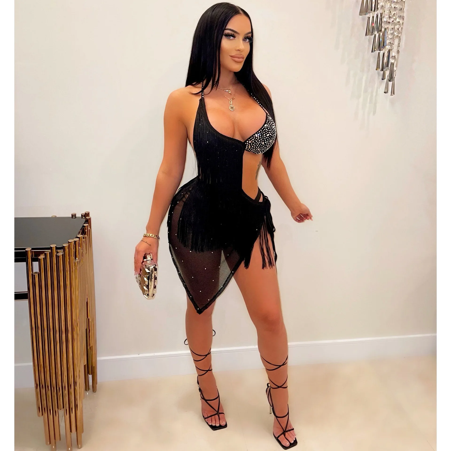 2022 New Arrival Ladies Clothing Nightclub Sling Tight Tassels Black Sexy Women Plus Size Club Dresses