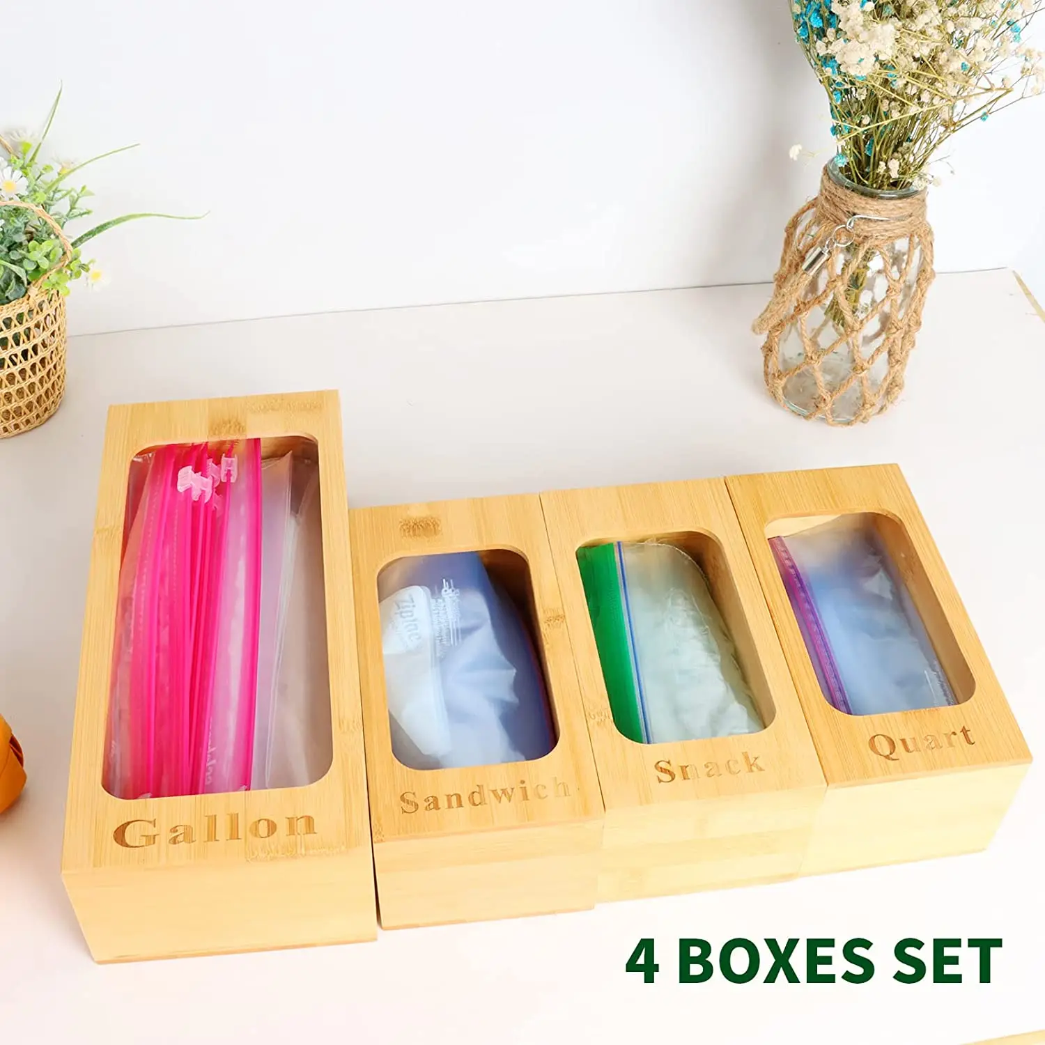 Set of 4 Food Storage Bag Organizers , Bamboo Ziplock Bags Holders for Gallon, Quart, Sandwich