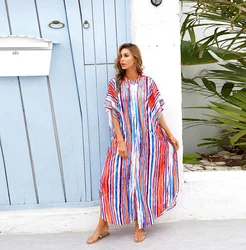 Plus Size Swimwear Cover Up Cotton Kaftans Striped Printed African Women Dresses