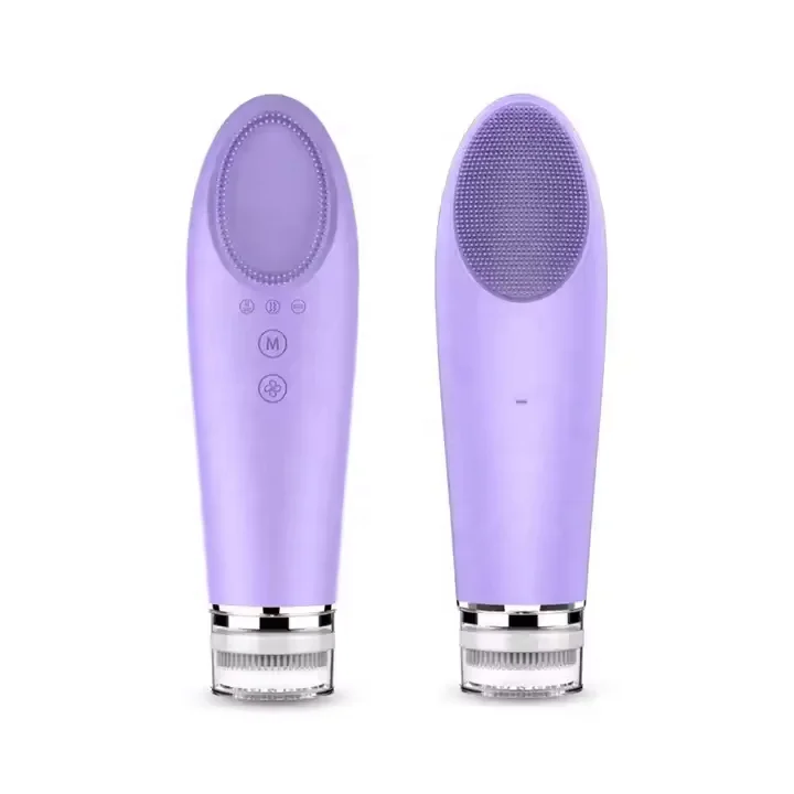 Multi-Function 4 In 1 Double Sided Soft Silicone Face Cleansing Brush Heating Electric Face Brush Vibrating Face Cleaning Brush
