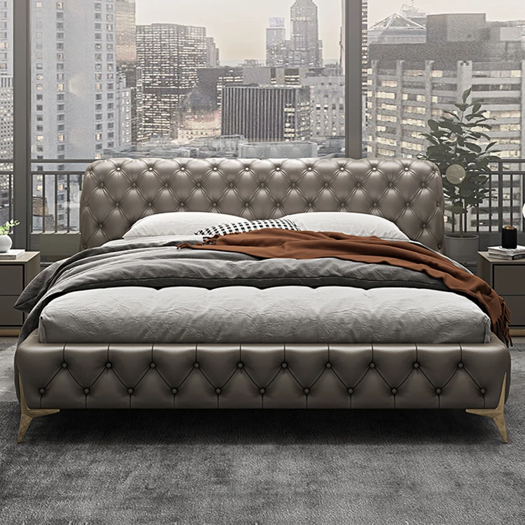 CH218 New Design Upholstered Bed Style Luxury Modern Furniture Fabric Buttons Antique Leather Beds Frame