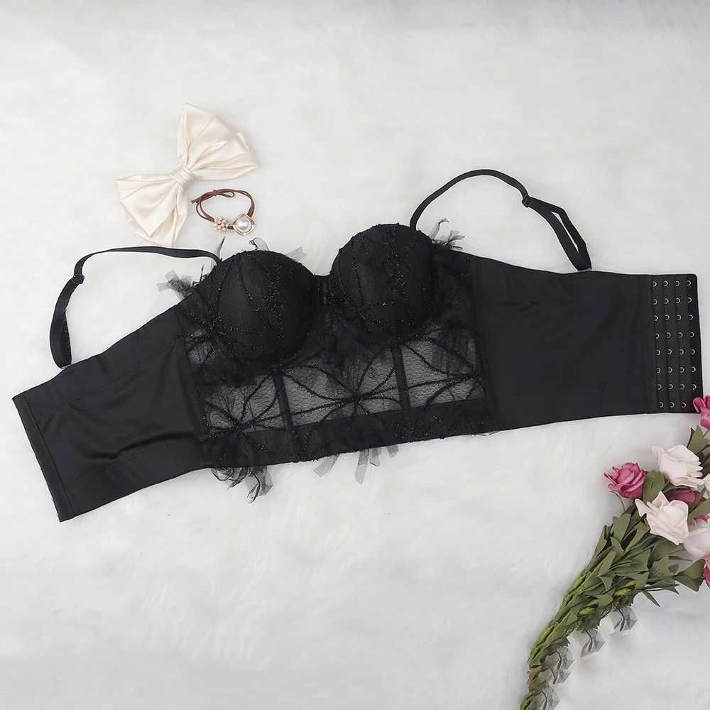 Black sexy lace up crop tube blouse bra elegant bustier corset tops woman,ladies lace tops latest design