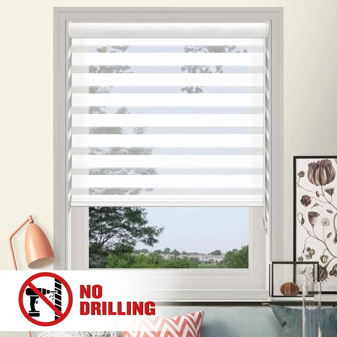 No Drill Corded Zebra Shades with Dual Layer Roller Shades Custom Size No-Tools Installation Window Blinds