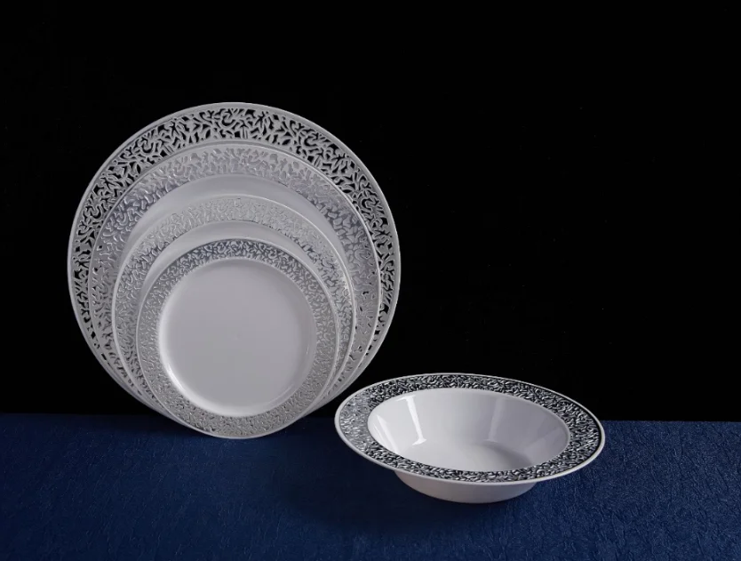 Factory Directly Disposable Plates Plastic Bowl Gold Gilding Party Meal Plastic Bowl High-End Hollow Tableware Dishes Supplie