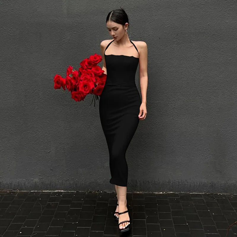 Elegant Chic Red Evening Party Wedding Long Dress Sexy Slim Waist-tied Half Open Collar Wrapped Hip Black Backless Strap Dress