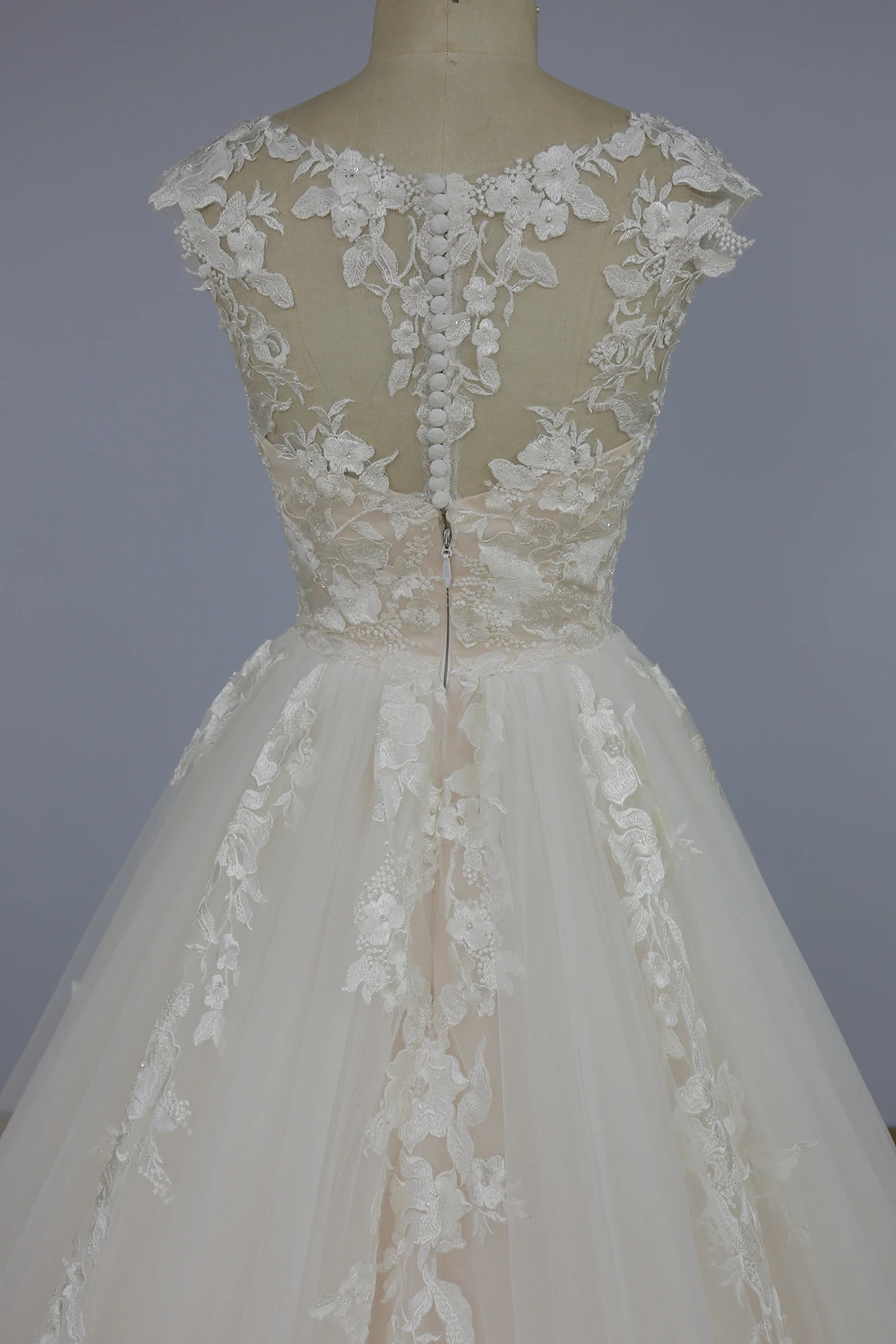 Soft pink bridal dress cap sleeves beaded lace wedding