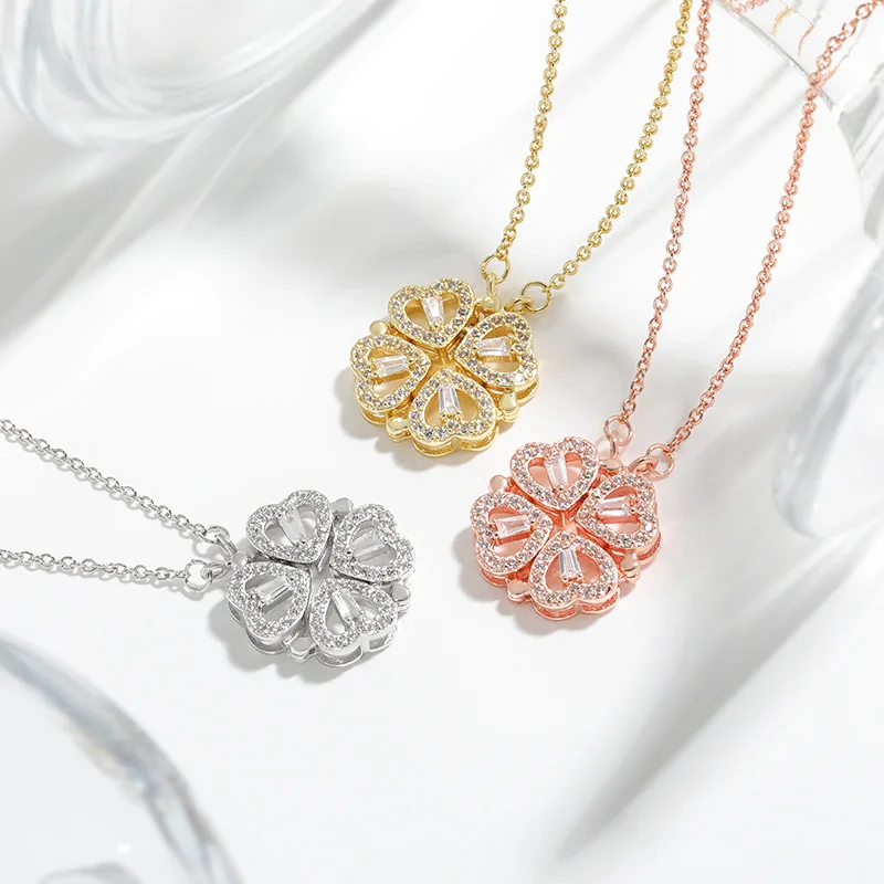 Transform Luxury Four Leaf Clover Pendant Necklace Stainless Steel Crystal Gold Color Heart Jewelry for Women Gift