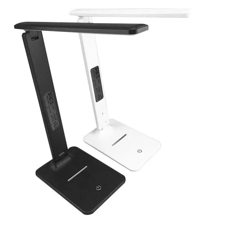 LED Desk Lamp 3Mode Lights Leather Texture USB Folding Reading Table Lamp With temperature Calendar LCD Display DC5V Black/White