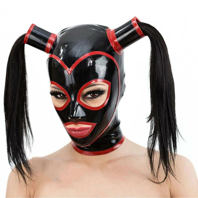 Sexy Latex Handmade Women Hoods Two Red Tress Wig Hair Fetish Mask Heroine Headgear