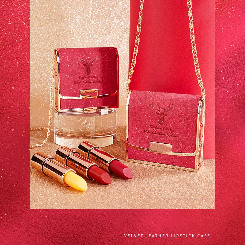 hit color leather bag shape lipstick gift box three colors long-lasting makeup private label waterproof velvet lipstick