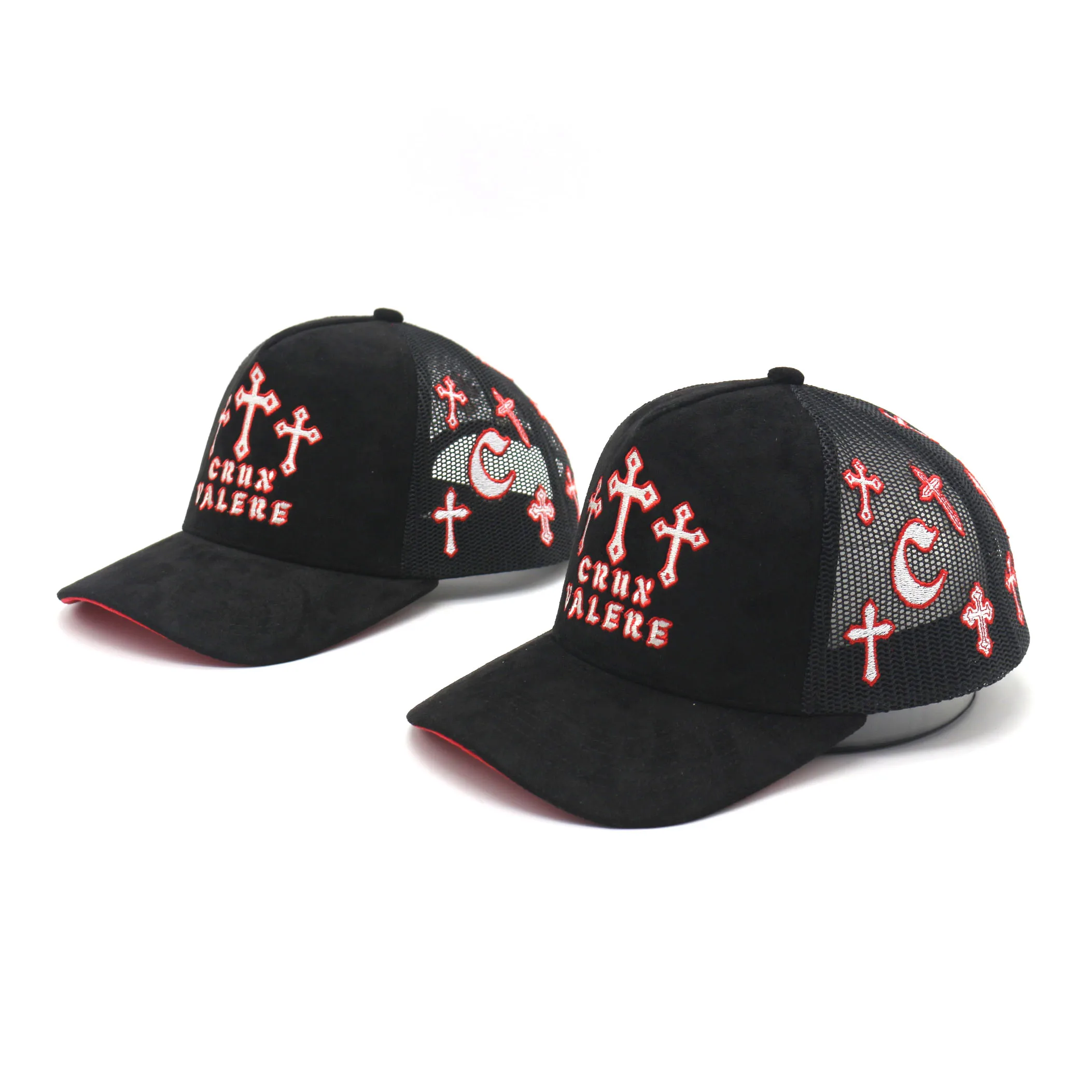 high quality customized all over embroidery  5 panel mesh suede trucker hat wholesale