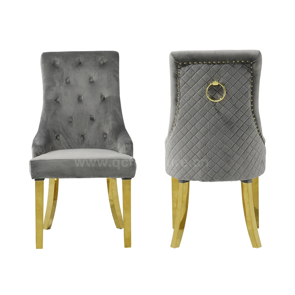 Nordic ring knocker dining stackable chair french Button Back Grey Velvet fabric stainless steel metal restaurant Dining Chair
