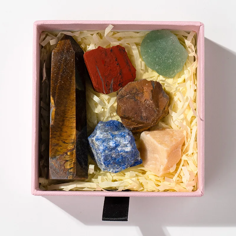Natural crystal pillar raw stone set box Amethyst pillar ore standard set box Yoga stone 7 chakra Reiki decoration
