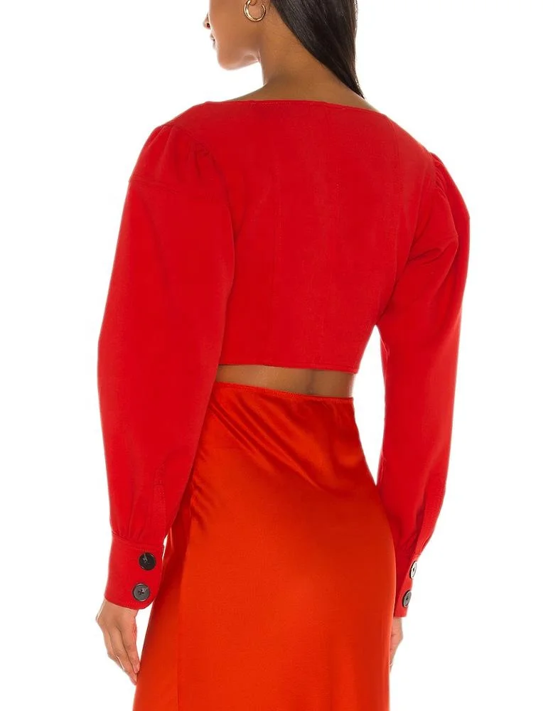 OEM service 100% polyester Women red puff sleeves blouse top with skirt clothing 2 piece set