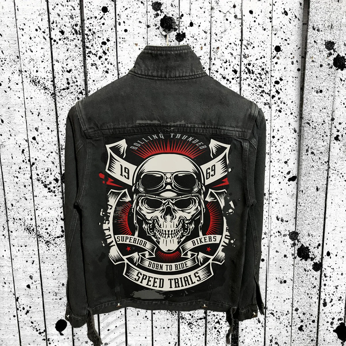 High Quality Skull Custom  Logo Printing Oversized Washed Knitting  Denim Jacket for men
