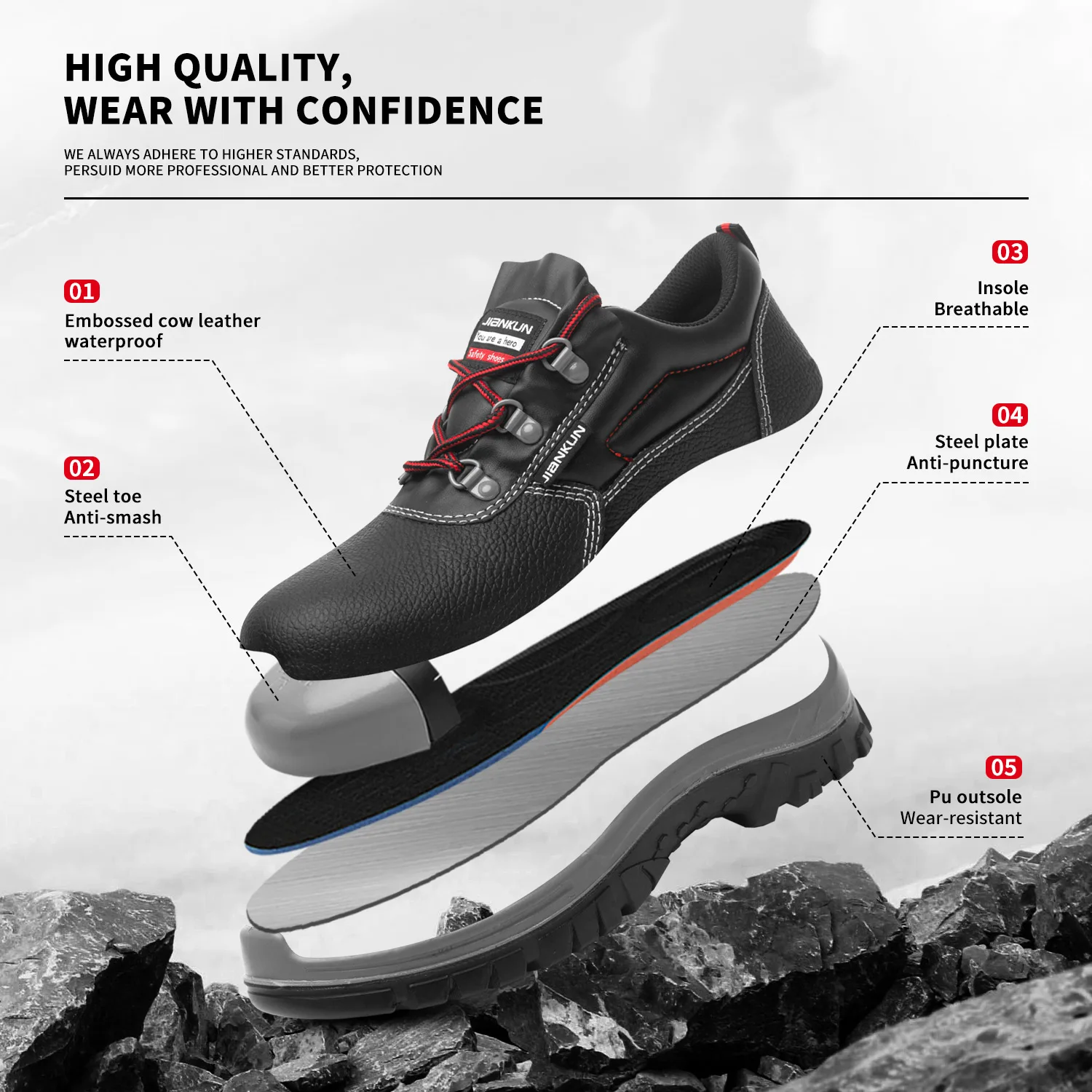 JIANKUN Industrial Sneakers Breathable Steel Toe Leather Shoes stainless steel toe rings Anti-Impact Protective Safety Feature