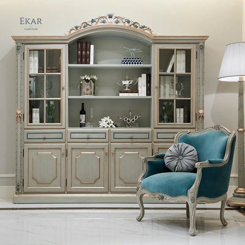 Carved solid wood living room furniture bookcase display cabinet with glass