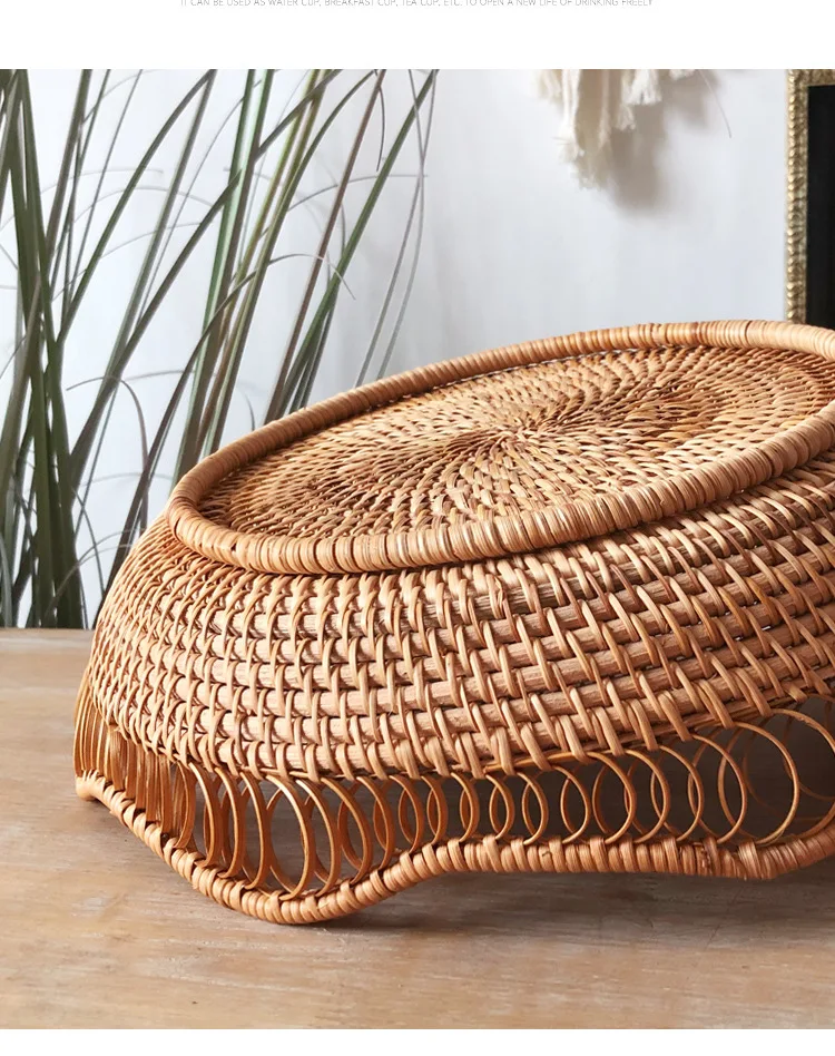 Rattan Handmade Fruit and Vegetable Woven bandeja picnic redonda Handcraft Wicker Food Storage Serving Tray