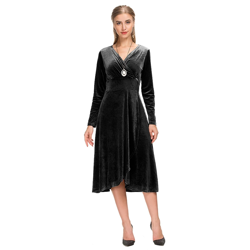 Ladies fashion V neck elegant women clothing lace fabric luxurious long sleeve evening party dress