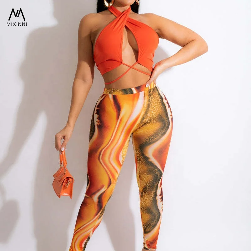 MXN 211 Sexy hanging neck solid color blouse women, printed pants two piece sets,fashion Casual summer clothes