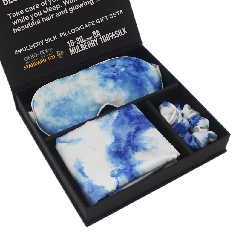 Luxury Wholesale Custom 100% Pure Mulberry 6A Grade Oeko Tex Eye Mask Scrunchies Printed Silk Pillow Case Gift Set