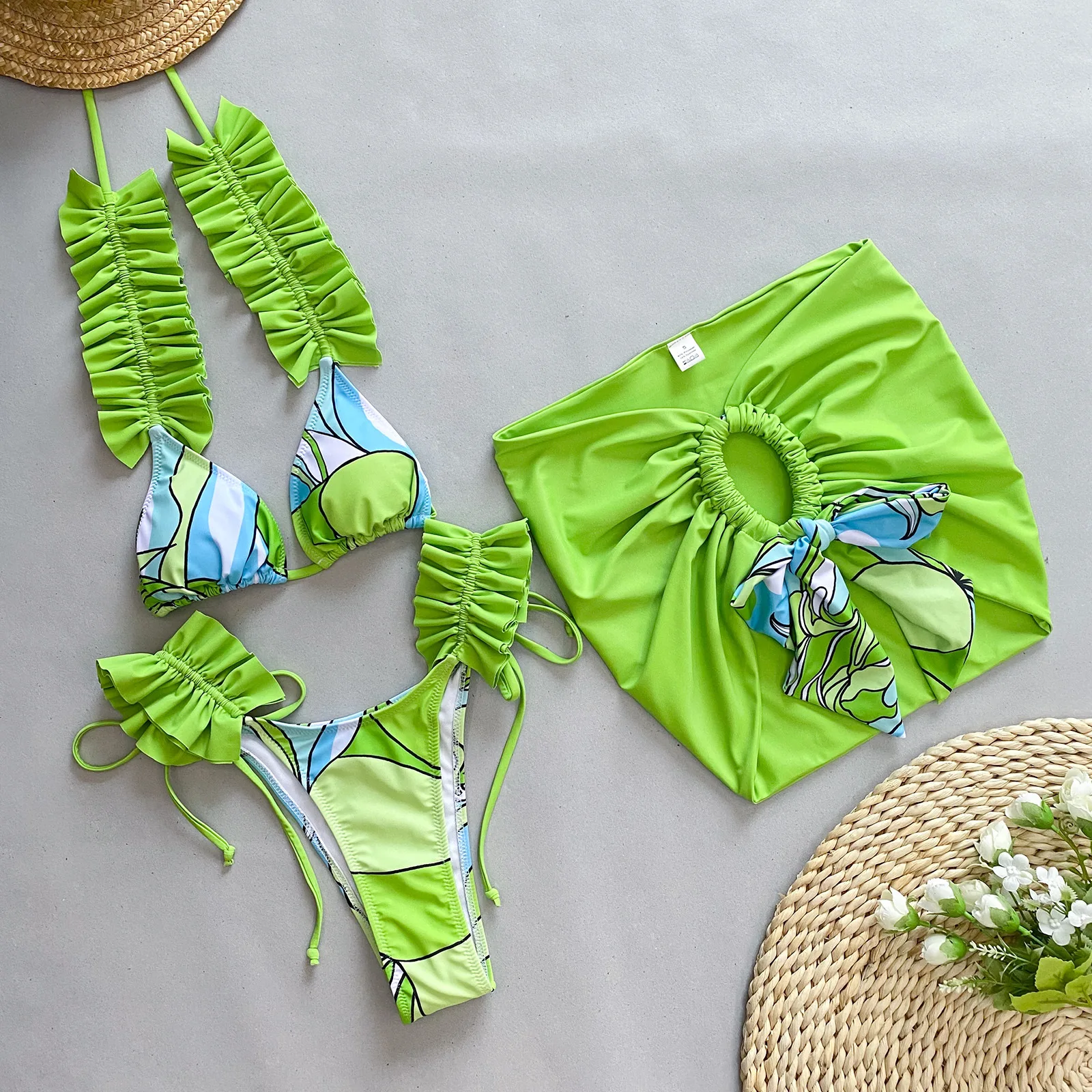 With Skirt Waved Ruffled Frilled Bikini Female Swimsuit Women Swimwear Three-pieces Bikini set Bather Bathing Suit Swim