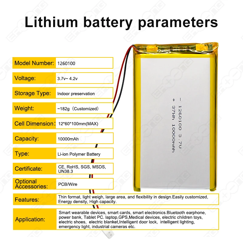 Customized  Li Polymer Batteries  3.7 V Lithium Battery 3.7v 10ah Lithium Power Lithium Battery Pack
