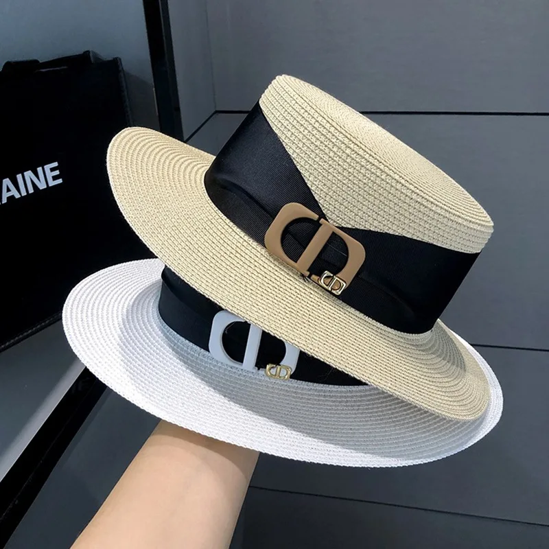 HT-2588 Wholesale Plain Flat Brim Flower Straw Hat Women Spring and Summer Outdoor Sunshade Fedora Fisherman Bucket Hats