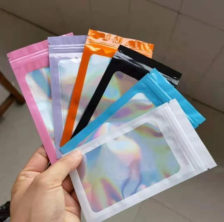 Colorful plastic zip flat bag inside hologram window bag mobile phone case packing bags