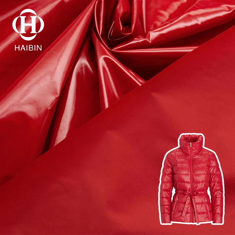 20D Bright PU leather feeling Nylon taffeta plain fabric 380T/400T coating waterproof windproof fabric