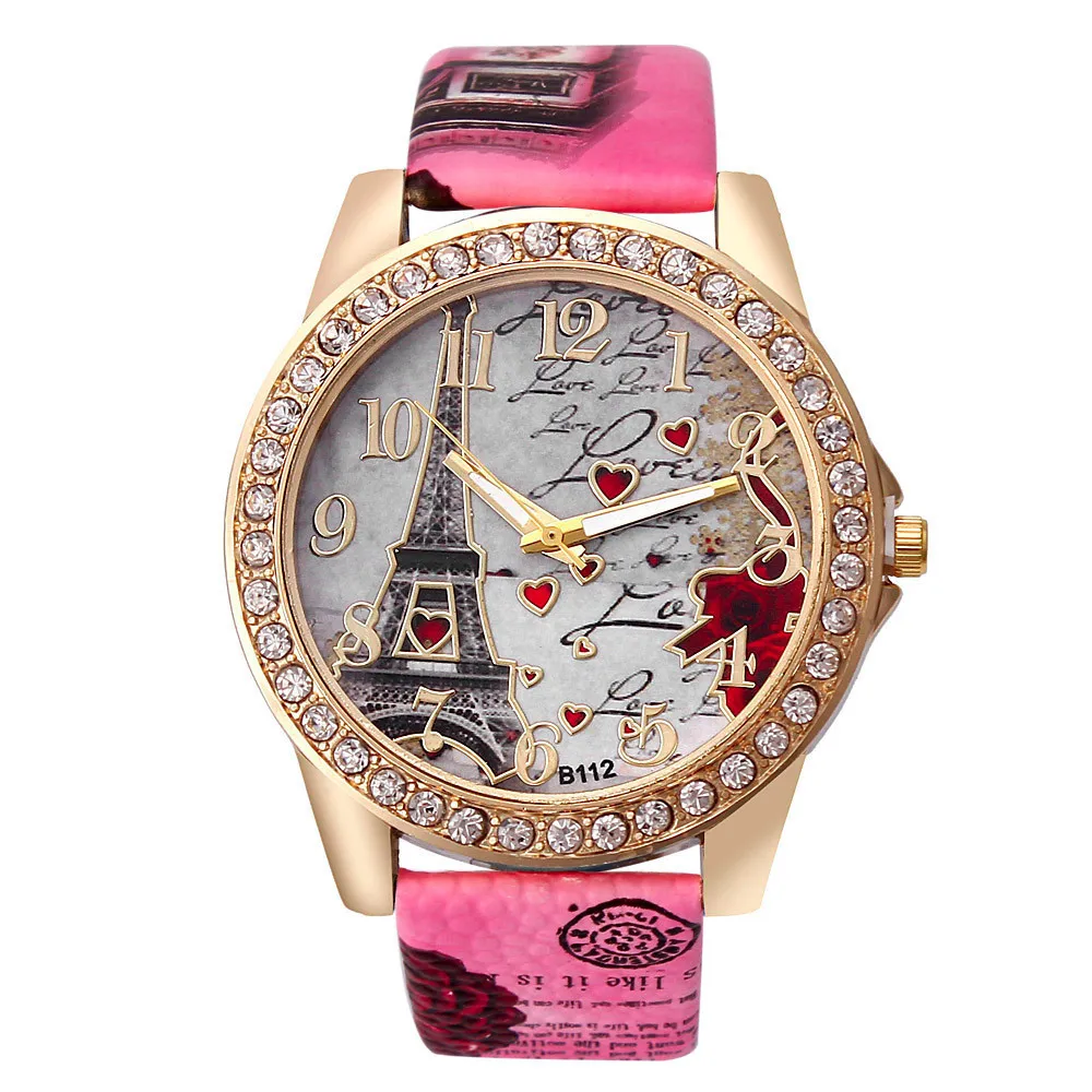 Luxury Crystal Paris Eiffel Tower Watches Fashion Diamond Leather Belt Quartz Wrist Ladies Watches Women Luxury Gift Watch
