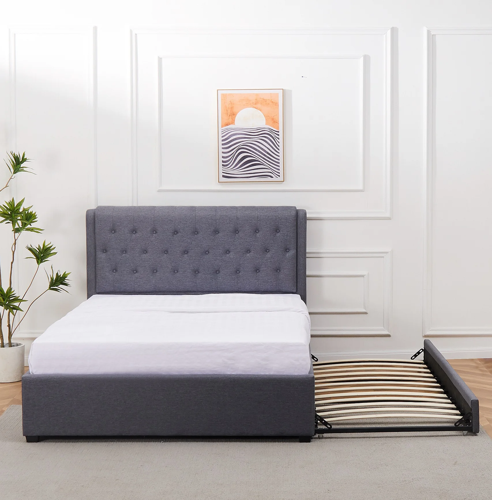 Modern Good Quality Dark Grey Linen Fabric Twin Single Bed Frame With Trundle Bottom Beds For Bedroom Furniture