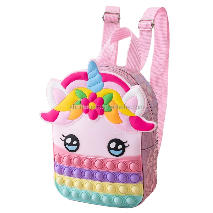 2022  Unicorn Push Bubble School Bags Mini Kids Backpack Children Squeeze Silicone Rainbow Pop Fidget Backpack