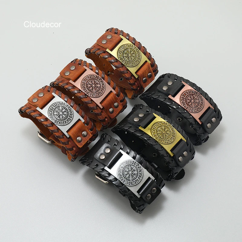 Viking Cowhide Compass Charm Bracelet Vintage Men Wide Handmade Bronze Bangle Woven Engravable Genuine Leather Bracelet Men