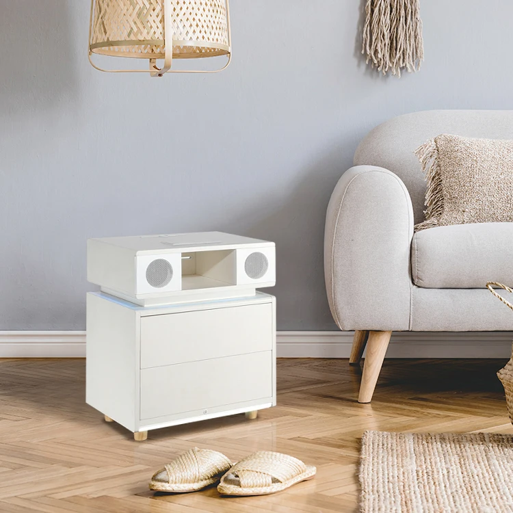 Nordic White Multifunctional RGB Atmosphere Light Wireless Charging Speaker Smart Nightstand Bedside Table Night Stand
