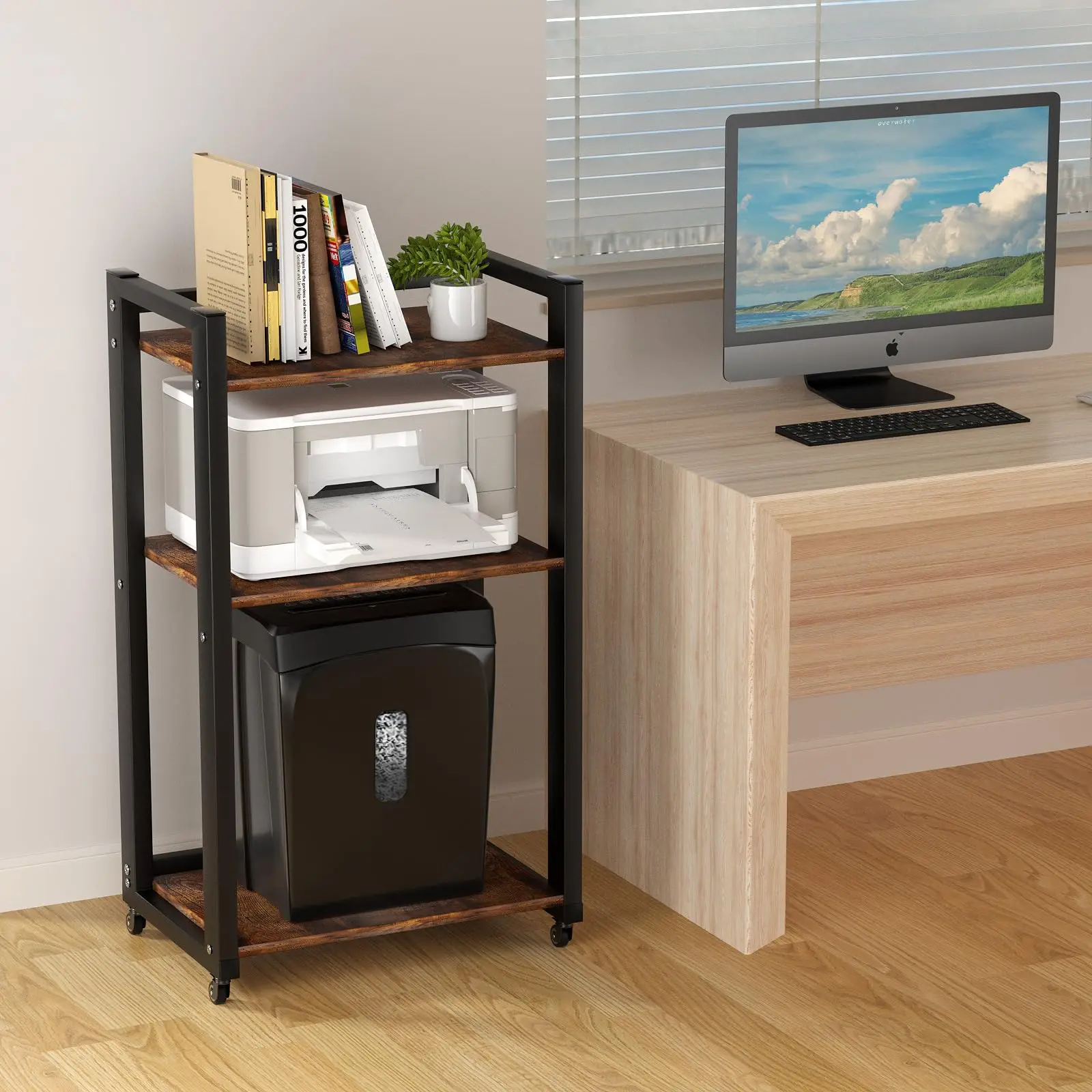 Home Office Fax Machine Scanner Files Adjustable Storage Shelf Rack 3 Tier Movable Printer Stand With Wheels